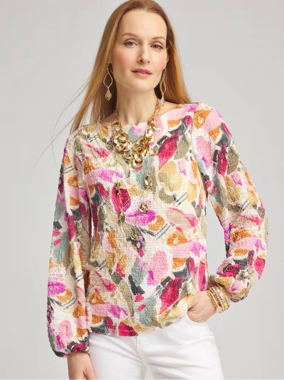 Chico’s Jacquard Smocked Boatneck Top Women’s Size L Crinkle Floral Poet Sleeves